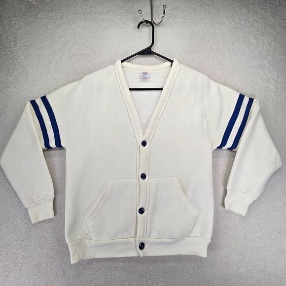 VTG Jerzees By Russell Cardigan Sweater M 1980s White Blue Striped Cotton Blank - Picture 1 of 11